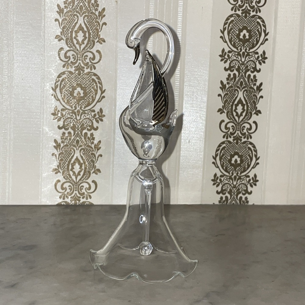 Art Craft Glass Bell | Swan Wings Up | Gold Details Delicate Clean Lines Ruffled